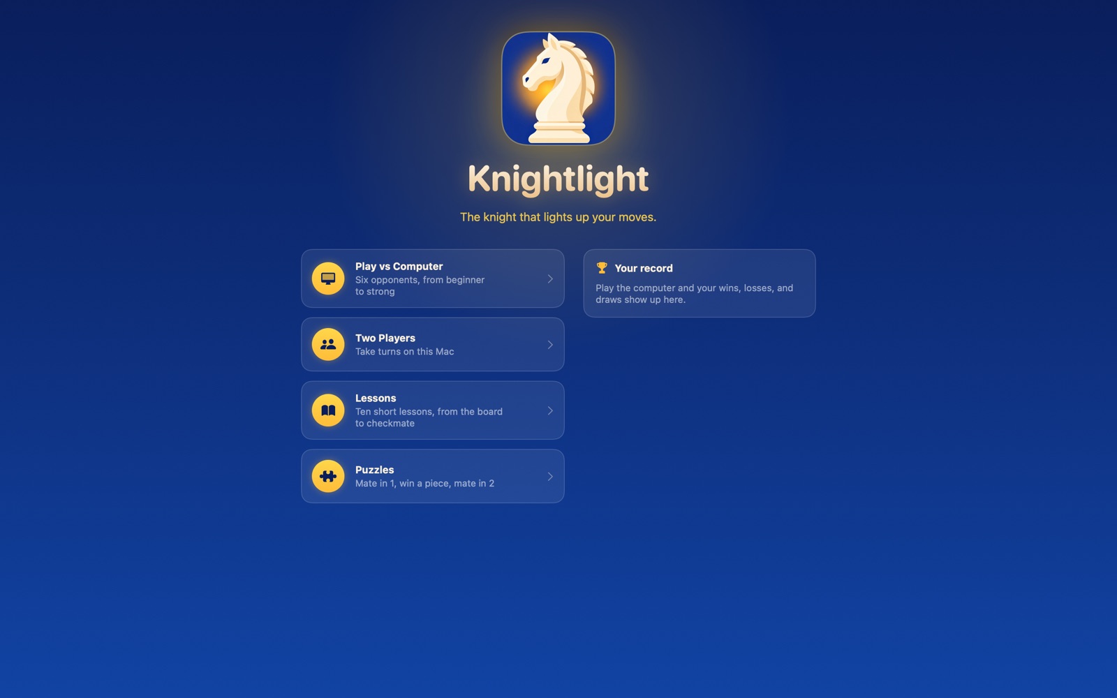 Knightlight's home screen: Play vs Computer, Two Players, Lessons, and Puzzles