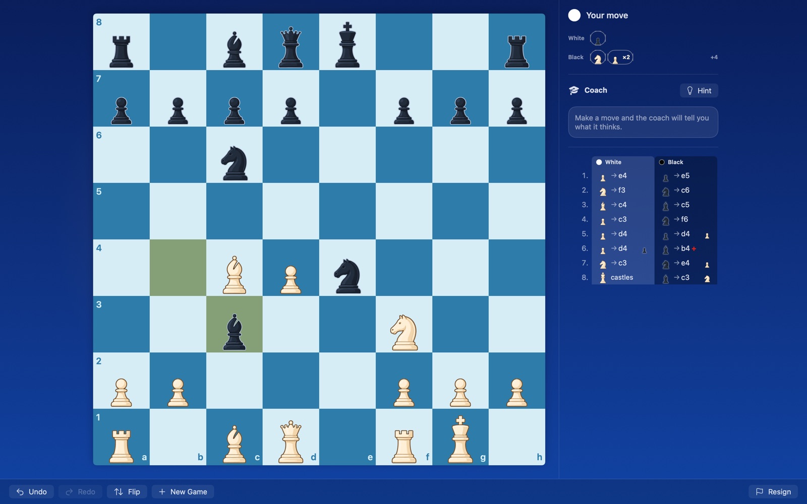 A game against the computer: the board, the coach, and the move list